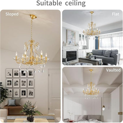 WUZUPS Crystal Candle Chandelier Pendant Flushmount Ceiling Light Modern Lighting Fixture for Bedroom Hallway Bar Kitchen Bathroom, H 22.5" x W 21.7", Gold, E12 Base