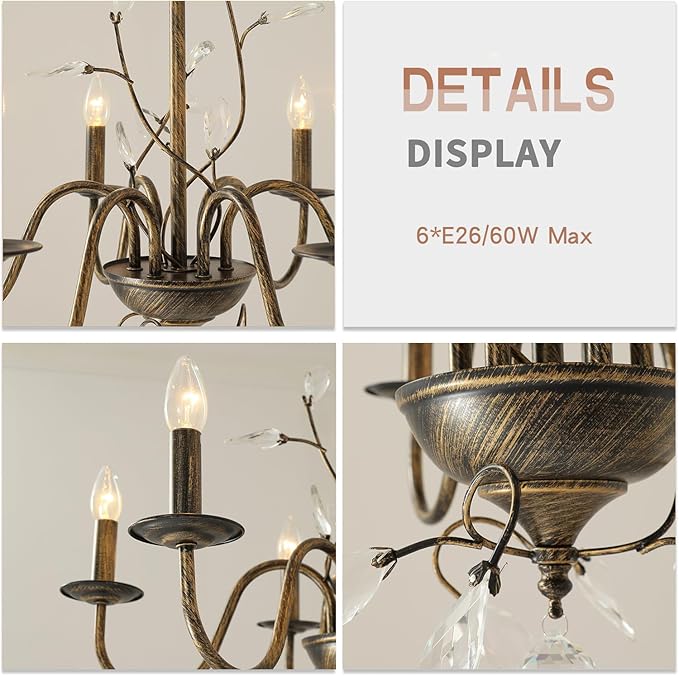 Farmhouse Crystal Chandelier,26 Inch Modern Flower Branch Oil-Rubbed Bronze Rustic Vintage Hanging Pendant Ceiling Light Fixture for Living Room Dining Room Bedroom Foyer Entryway