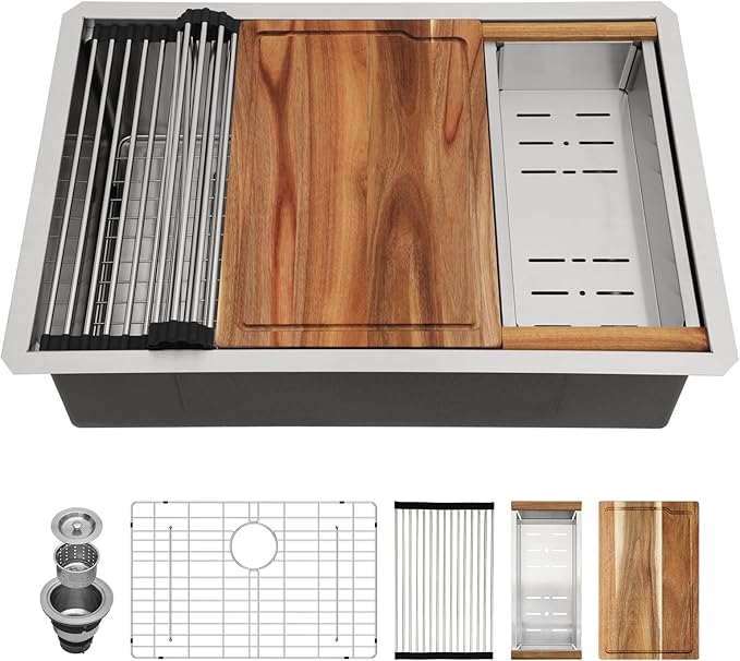 28 Inch Undermount Kitchen Sink Workstation - Couoko 28x19 Inch Undermount Single Bowl Workstation Sink 16 Gauge Stainless Steel Deep Handmade Under Counter Kitchen Sink with Accessories