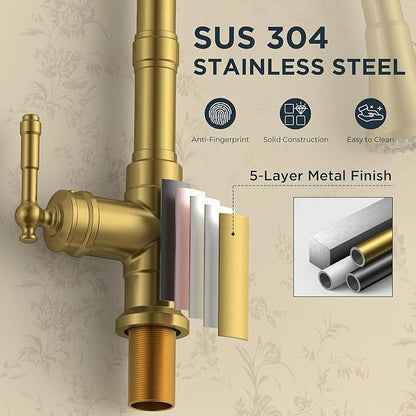 FORIOUS Vintage Kitchen Faucets with Pull Down Sprayer, Gold High Arc Single Handle Stainless Steel Antique Pull Out Sink Faucet for Farmhouse Camper Rv Bar, Fit for 1 or 3 Hole