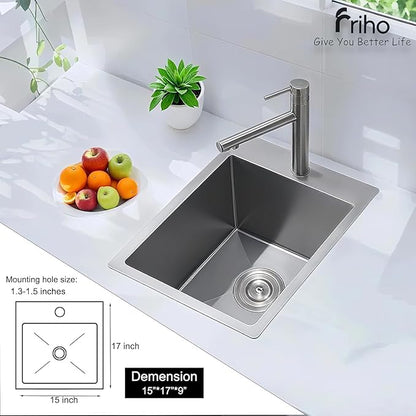 Friho 15 x 17 inch Bar Sink, 15 inch Drop in Wet Bar Sink 16 Gauge Stainless Steel 9 Inch Deep Top Mount Single Bowl Outdoor Rv Sink With Drain