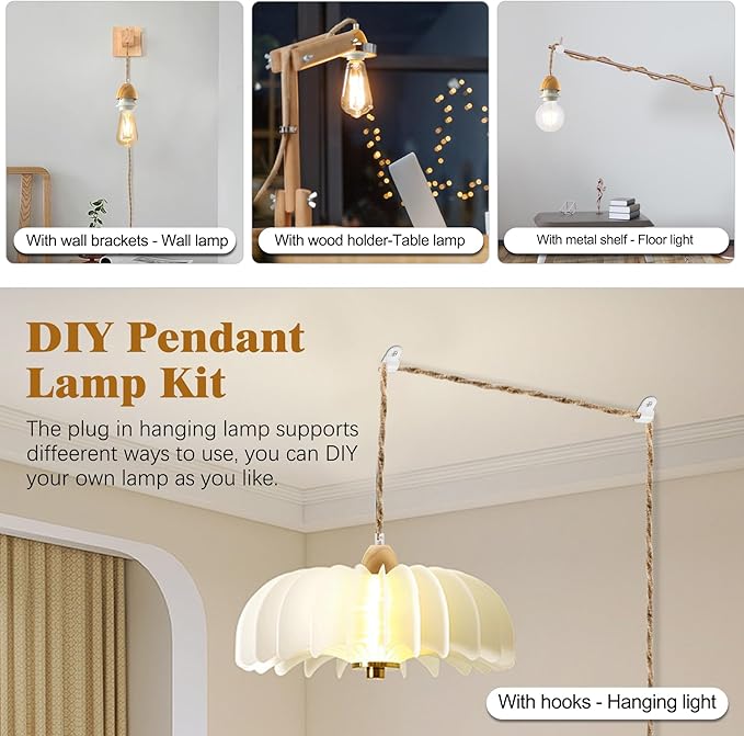 Rustic Plug in Pendant Lighting, 16.7FT Pendant Light Cord Kit, Farmhouse Hanging Lights with Plug in Cord, Vintage Hemp Rope Pendant Light Fixtures, E26 E27 Light Socket, for Kitchen Island