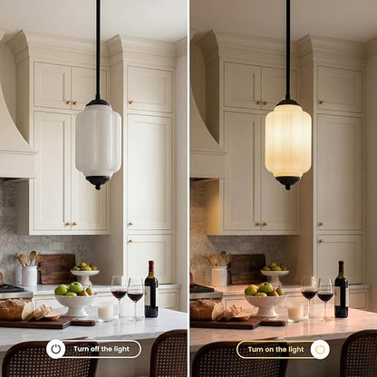Farmhouse Pumpkin Pendant Light Vintage Milk Glass Shade, Brass Color Adjustable Canopy, Retro Industrial Glass Ceiling Light Fixture for Dining Room, Entryway，Kitchen Island (Black White)