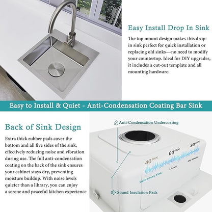 15 Inch Bar Sink Drop In - Delironexu 18 Gauge Stainless Steel Small Kitchen Sink, 15"x15" Single Bowl Square Wet Bar with Brushed Finish for Outdoor, RV, and Prep Use