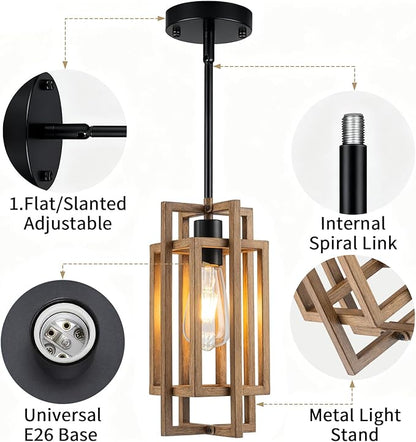 Farmhouse Pendant Light Fixtures, Retro Wood Texture and Black Finish Pendant Lights 59'' Adjustable Small Square Pendant Ceiling Hanging Light for Kitchen Island Dining Room Entryway
