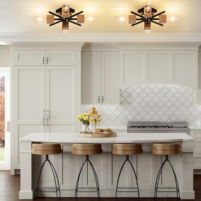 4 Light Sputnik Light Fixture Black Flush Mount Lights Industrial Ceiling Light Wood 22" Modern Farmhouse Ceiling Lights for Kitchen Bedroom Bathroom Foyer Hallway(E26)