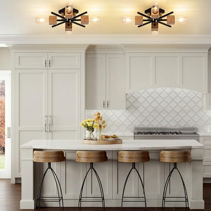 4 Light Sputnik Light Fixture Black Flush Mount Lights Industrial Ceiling Light Wood 22" Modern Farmhouse Ceiling Lights for Kitchen Bedroom Bathroom Foyer Hallway(E26,2Pack)