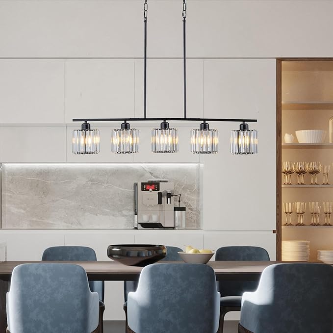 Luxury Crystal Island Lights 5-Light Linear Pendant Kitchen Island Chandelier Lighting for Dining Room Light Fixture Matte Black Finish with Glass Shade 36" L