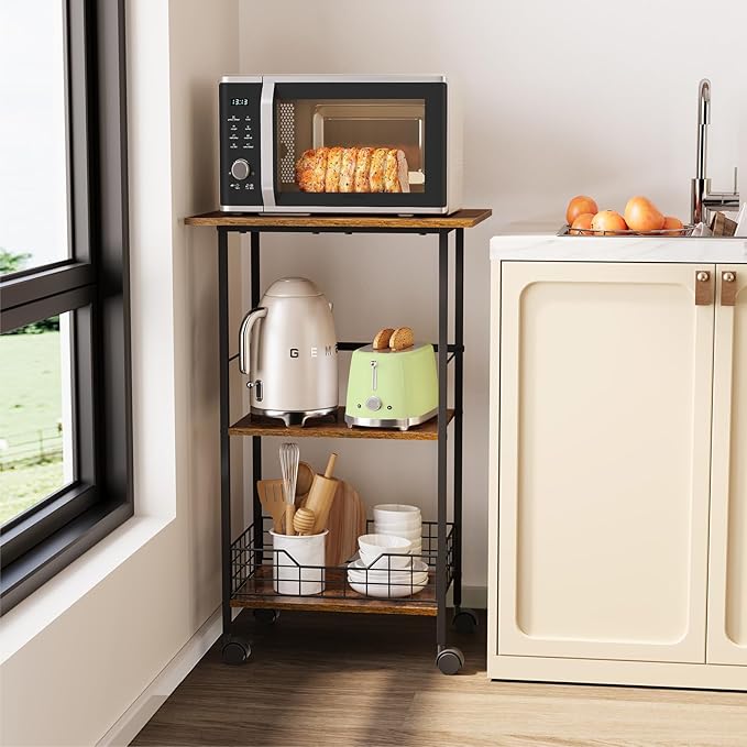 Microwave Stand with Storage, 3-Tier Rolling Kitchen Cart Table with Wire Basket, Wood and Metal Utility Cart on Wheels, Small Coffee Bar Station Cart As Kitchen Island, Microwave Shelf Organizer