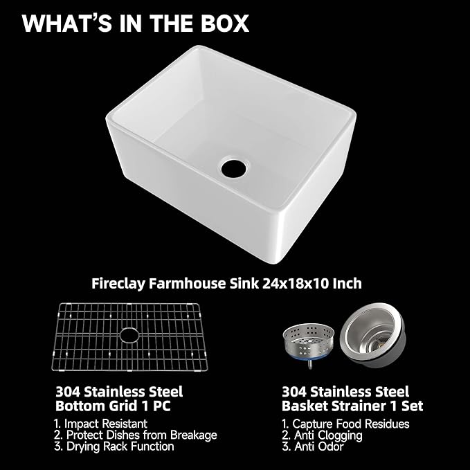 Miuara Farmhouse Sink 24 Inch - Small Apron Front Undermount Kitchen Sink Reversible 24"x18"x10", Farm House Style Single Bowl, Heavy Duty Solid Fireclay, Glossy White, for Kitchen & Laundry & Powder