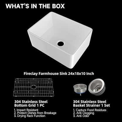 Miuara Farmhouse Sink 24 Inch - Small Apron Front Undermount Kitchen Sink Reversible 24"x18"x10", Farm House Style Single Bowl, Heavy Duty Solid Fireclay, Glossy White, for Kitchen & Laundry & Powder