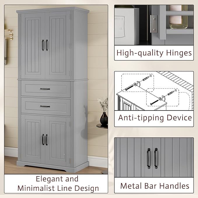 Storage Cabinet with 4 Doors and 2 Drawers, 72.5" H Kitchen Cabinet with 6 Door Shelves, Kitchen Storage Cabinets with Adjustable Shelves for Living Room, Gray