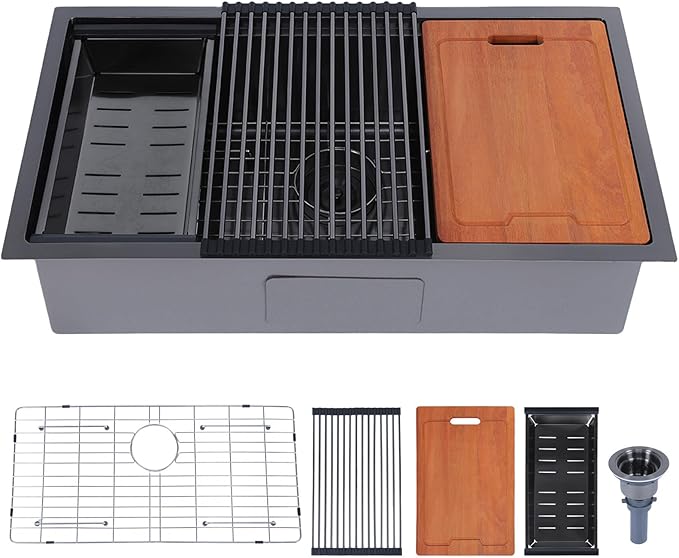 HOTIS 32 Inch Black Undermount Kitchen Sink Workstation, 32x18 Inch Large Outdoor Single Bowl Prep Sink, Stainless Steel T304 16 Gauge Deep Kitchen Sinks with Cutting Board Accessories
