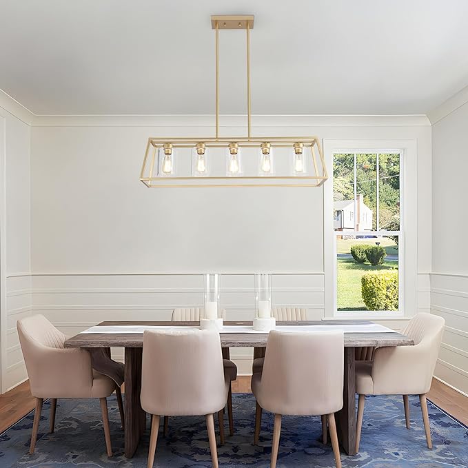 5-Light Gold Chandeliers for Dining Room | Modern Kitchen Island Light Fixture | Rectangle Chandelier for with Clear Glass Shade | Apply to Dining Room Light fixtures Over Table