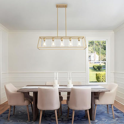 5-Light Gold Chandeliers for Dining Room | Modern Kitchen Island Light Fixture | Rectangle Chandelier for with Clear Glass Shade | Apply to Dining Room Light fixtures Over Table
