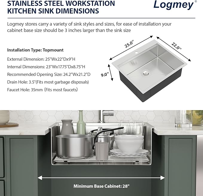 25x22 Drop in Kitchen Sink 25x22x9 Inch Workstation Stainless Steel Sinks 16 Gauge Topmount Single Bowl Kitchen Bar Sink Bowl