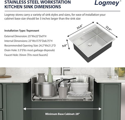 25x22 Drop in Kitchen Sink 25x22x9 Inch Workstation Stainless Steel Sinks 16 Gauge Topmount Single Bowl Kitchen Bar Sink Bowl