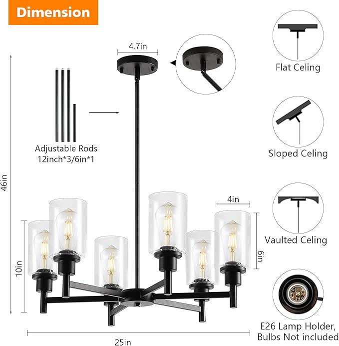 9MMML Farmhouse 6-Light Glass Chandelier, Modern Black Light Fixture for Kitchen Dining Room Over Table, Industrial Lighting for Living Room, Foyer, Entryway, E26 Bulb Base