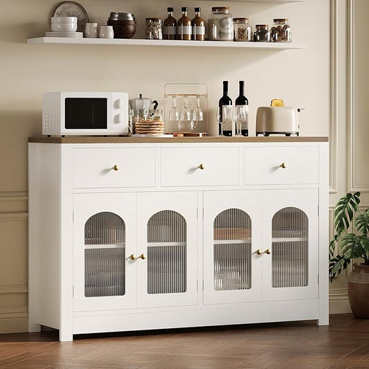 Garvee 55" Buffet Cabinet with Storage, Modern Sideboard with Arched Acrylic Fluted Doors & 3 Drawers, Coffee Bar Cabinet with Adjustable Shelves for Dining Room, Living Room, Kitchen, White