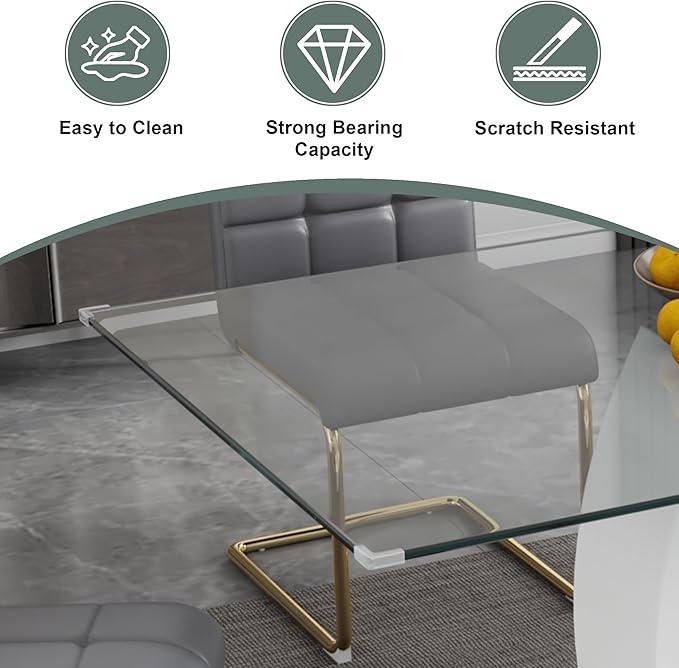 5-Piece Glass Dining Table Set, 63" White Kitchen Table with O-Shape MDF Base, Dining Room Set for 4 with 4 Leather Upholstered Chair for Kitchen, Dining Room (Gray,Gold)