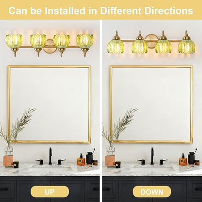 Vintage Bathroom Light Fixtures, Brass Vanity Lights with Green Tulip Glass Shade, Vanity Sconces for Bathroom Bedroom Living Room Hallway, 4-Light