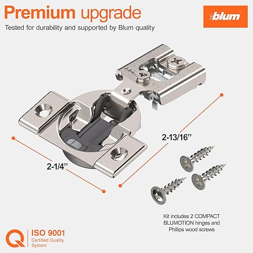 Blum Compact BLUMOTION Hinge (1 Kit), 1/2" Overlay, 105° Opening Angle, Steel, Integrated Soft-Close Hinges for Face Frame Cabinets