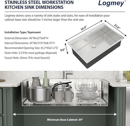 Logmey 36 Inch Drop in Workstation Kitchen Sink,16 Gauge SUS304 Stainless,36x22x9 Large Single Bowl Sinks for Effortless Meal Prep & Baking,Complete All-In-One Sink Kit