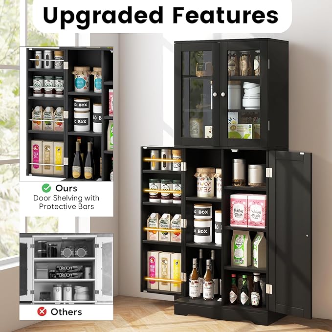 Giantex Pantry Organizers and Storage, 63.5” Tall Kitchen Cabinet, Food Buffet Cupboard with Glass Doors, Shelves with Baffle, Wooden Freestanding Sideboard for Dining Room Living Room (Black)