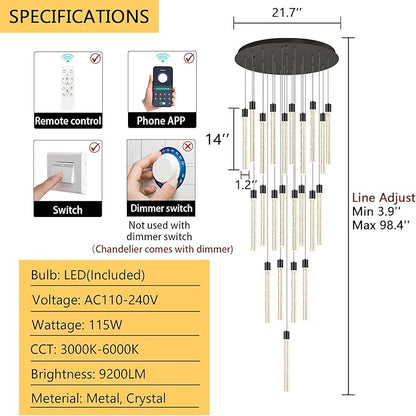 23-Light Long Large Modern Led Crystal Chandeliers Modern Spiral Chandeliers High Ceilings Chandelier for Staircase Foyer Black
