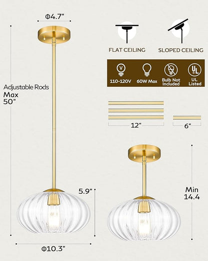 FEMILA Pendant Light for Kitchen Island, 10.3" Brushed Gold Pendant Lighting, Dome Glass Pendant Light Vintage Light Fixtures for Bedroom Hotel Dining Room, 4FYD85MIL BG