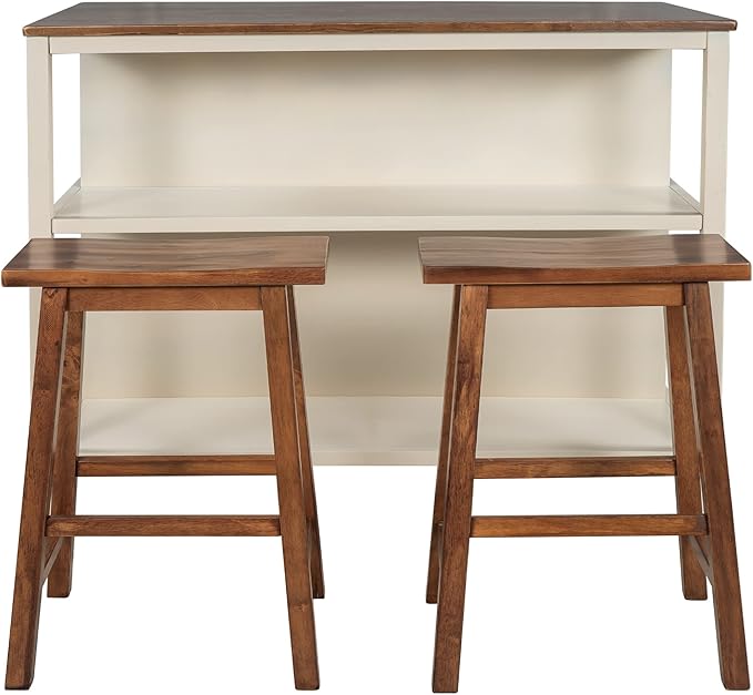 Solid Wood Rustic 45" Stationary Kitchen Island Set with 2 Seatings, Rubber Wood Butcher Block Dining Table Set Prep Table Set with 2 Open Shelves for Dining Room Kitchen (3PC Walnut Set)