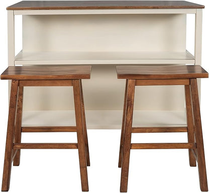 Solid Wood Rustic 45" Stationary Kitchen Island Set with 2 Seatings, Rubber Wood Butcher Block Dining Table Set Prep Table Set with 2 Open Shelves for Dining Room Kitchen (3PC Walnut Set)