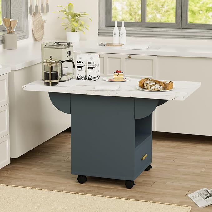 Versatile Marble-Look Folding Dining Table with Wheels, Storage Drawers & Expandable Design - Multi-Functional Kitchen Island,Computer Desk & Hallway Console - Space-Saving Furniture for Small Spaces