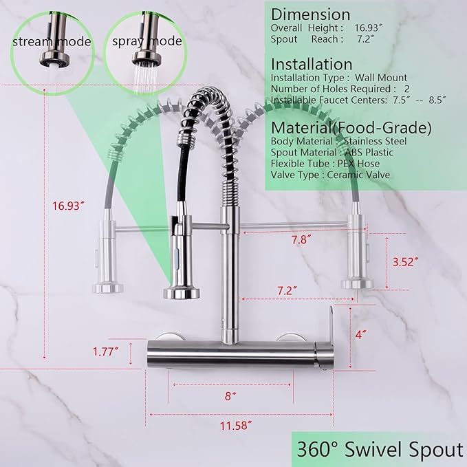 Wall Mount Faucet 8 Inches Center, with Pull Down Sprayer, High Arc Single Handle Spring Kitchen Sink Faucets, Grifos De Cocina, Brushed Nickel