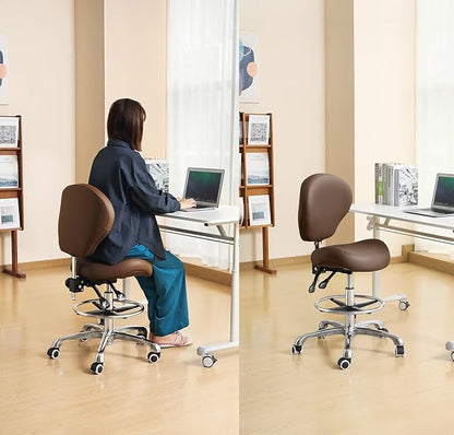 Kaleurrier Adjustable Stools Drafting Chair with Backrest & Foot Rest,Tilt Back,Swivel Seat,Rolling Wheels,for Studio,Dental,Office,Salon and Counter,Armless Tall Home Desk Chairs (Brown)
