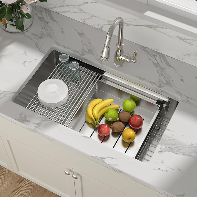 33 Kitchen Sink Stainless Steel - Sarlai 33 x 19 Inch Undermount Kitchen Sink Dual - Tier Ledges Workstation 16 Gauge Stainless Steel Under Counter Rectangular Deep Single Bowl Kitchen Sinks Basin