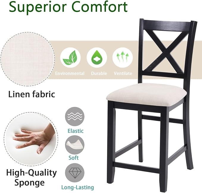 Counter Height Dining Chairs Set of 4, X-Back Kitchen Bar Stools with Padded Seat, Black Wooden Frame with Beige Linen Fabric, Ergonomic Chairs for Kitchen Island, Home Bar