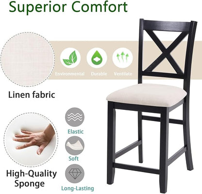 Counter Height Dining Chairs Set of 4, X-Back Kitchen Bar Stools with Padded Seat, Black Wooden Frame with Beige Linen Fabric, Ergonomic Chairs for Kitchen Island, Home Bar