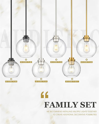 2 Pack Pendant Lights Kitchen Island, 8" Brushed Nickel Pendant Light Fixtures with Globe Clear Glass Shade, Modern Kitchen Island Lighting for Bathroom, AD-22280-2PL-SN