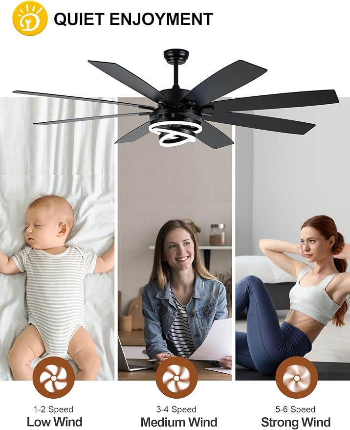 Black 72 Inch Ceiling Fans with Lights and Remote Reversible Quiet DC Motor 6 Speed LED Big Large Modern Chandelier Ceiling Fans for Living Room Bedroom
