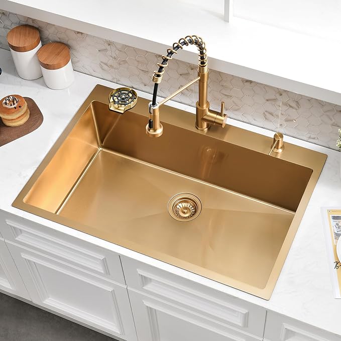 36×22 Drop In Kitchen Sink with Faucet Combo-Stainless Steel Gold Drop In Sink with Cup Washer, 9 Inch Deep Single Bowl Kitchen Sinks and Faucets Combo Set,Top Mount Design for Modern Kitchens