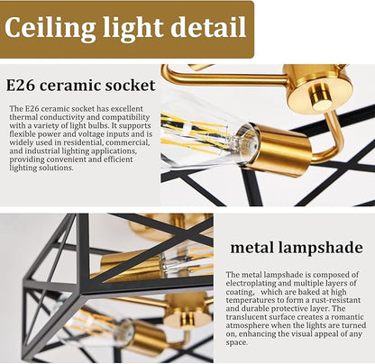 Modern Farmhouse Semi Flush Mount Ceiling Light,Industrial Black and Gold Ceiling Lighting Fixture,Hexagonal Close to Ceiling Lights for Kitchen, Hallway,Bedroom,Foyer,Laundry Room,14.6 Inch