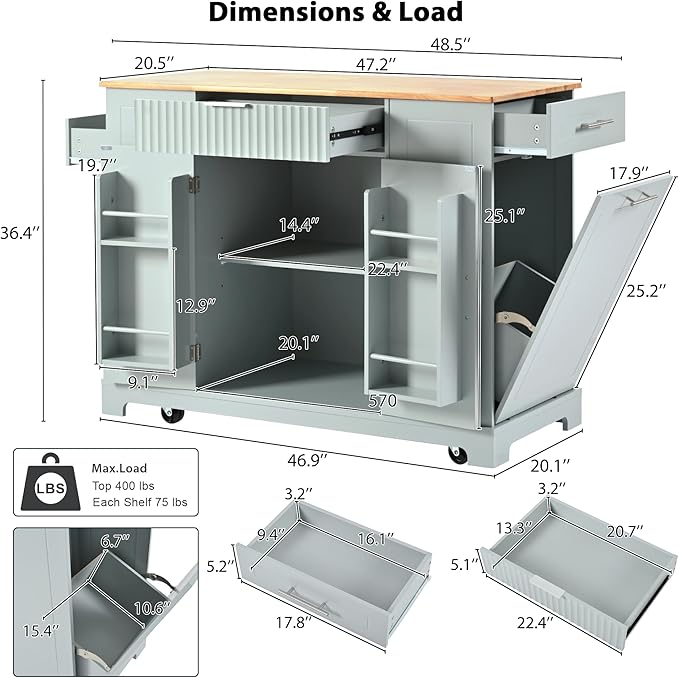 Merax Fluted Kitchen Island with Trash Can Storage Cabinet, Power Outlet, Internal Storage Rack, Rolling Kitchen Storage Cart on 5 Wheels with 3 Drawer, 3 Open Side Racks, Gray