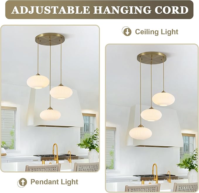 Large White Ribbed Glass Pendant Light Modern 3-Light Cluster Pendant Lighting Mid Century Globe Hanging Pendant Light Brass Gold Chandeliers for Dining Room Living Room