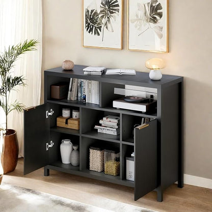 FONTOI Sideboard Buffet Cabinet, Thicken Wood Storage Cabinet with 4 Large Open Shelf, Farmhouse Cabinet with 2 Fluted Doors, Modern Accent Cabinet for Living Room, Kitchen, Entryway, Black