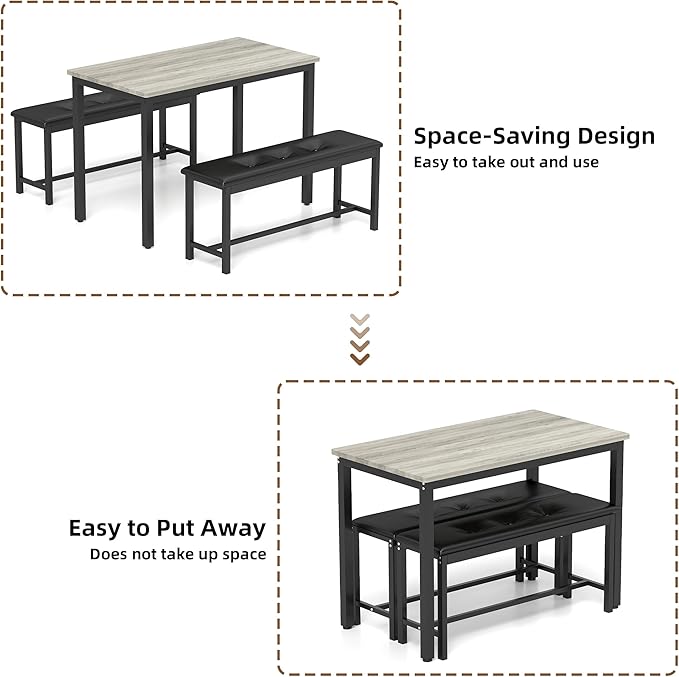 Dining Table Set for 4, Wood Kitchen Table & Chair with 2 Upholstered Benches for Breakfast Nook and Small Space, Grey