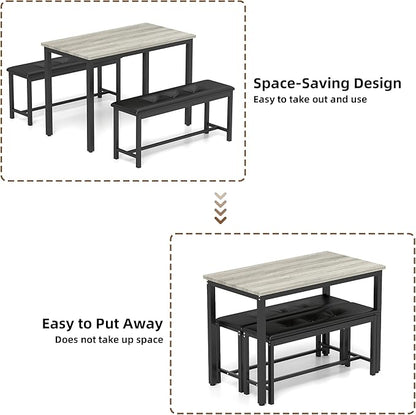 Dining Table Set for 4, Wood Kitchen Table & Chair with 2 Upholstered Benches for Breakfast Nook and Small Space, Grey