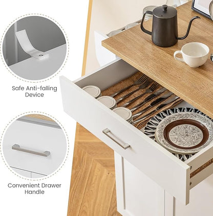 Giantex Kitchen Island with Storage, Rolling Island Table with Cabinet, Adjustable Shelf, Drawer, Towel Rack & Spice Rack, Small Bar Kitchen Cart On Wheels for Living Dining Room, White