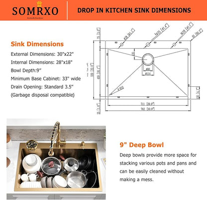 30×22 Drop In Kitchen Sink with Faucet Combo-Stainless Steel Gold Drop In Sink with Cup Washer, 9 Inch Deep Single Bowl Kitchen Sinks and Faucets Combo Set,Top Mount Design for Modern Kitchens