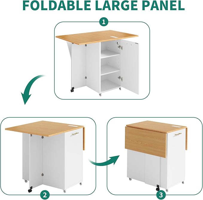 YITAHOME Folding Kitchen Table with Power Outlet, Drop Leaf Kitchen Table Islands for 2 on Wheels, Convertible Trash Can Storage Cabinet for 10 Gallon Garbage Bin, Adjustable Storage Racks, Wihte Oak